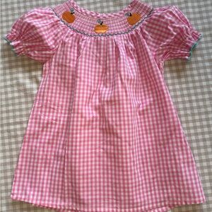 Pink Gingham Smocked Dress with Pumpkin Embroidery